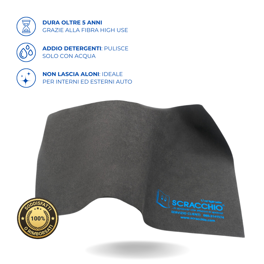Immagine prodotto di un panno pulizia auto SCRACCHIO grigio scuro con il logo blu e testo che indica dura oltre 5 anni e pulisce solo con acqua e il sigillo dorato 100% Soddisfatti o Rimborsati