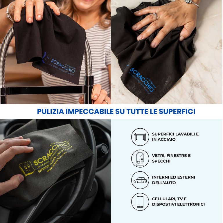 Scracchio, il Panno in microfibra per auto e per tutte le superfici, rende le pulizie semplici e veloci.