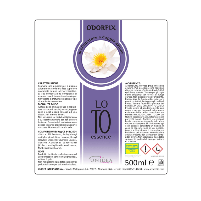 Etichetta con ingredienti ed informazioni su Odorfix.
